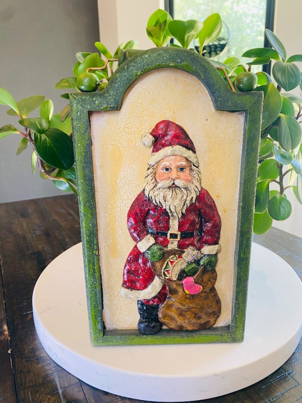 Vintage Crackle Green Wood Santa Carrier Box Wire Handle Farmhouse Christmas